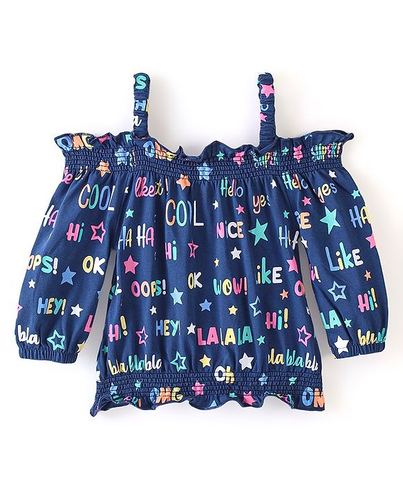 Babyhug 100% Cotton Knit Off Shoulder Full Sleeves Top With Smoking Detailing Text Print - Navy Blue