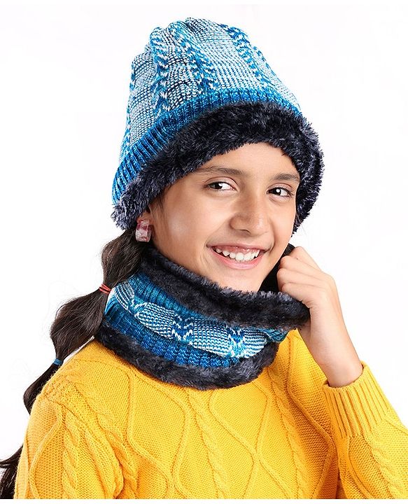 Pine Kids Woollen Cap & Snood Set Blue - Cap Diameter 11 cm