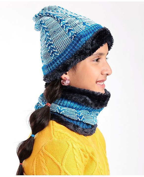 Pine Kids Woollen Cap & Snood Set Blue - Cap Diameter 11 cm