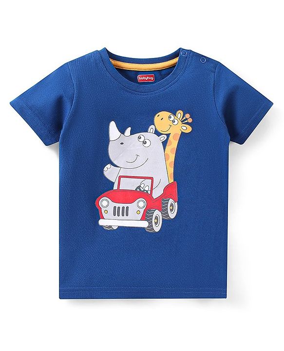 Babyhug 100% Cotton Knit Half Sleeves T-Shirt & Shorts With Rhino & Giraffe Print - Blue & Orange