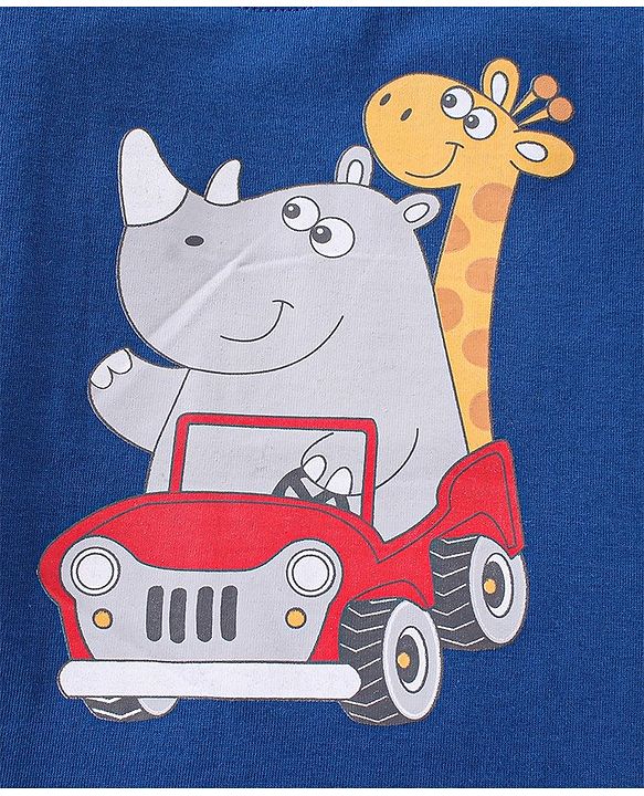 Babyhug 100% Cotton Knit Half Sleeves T-Shirt & Shorts With Rhino & Giraffe Print - Blue & Orange