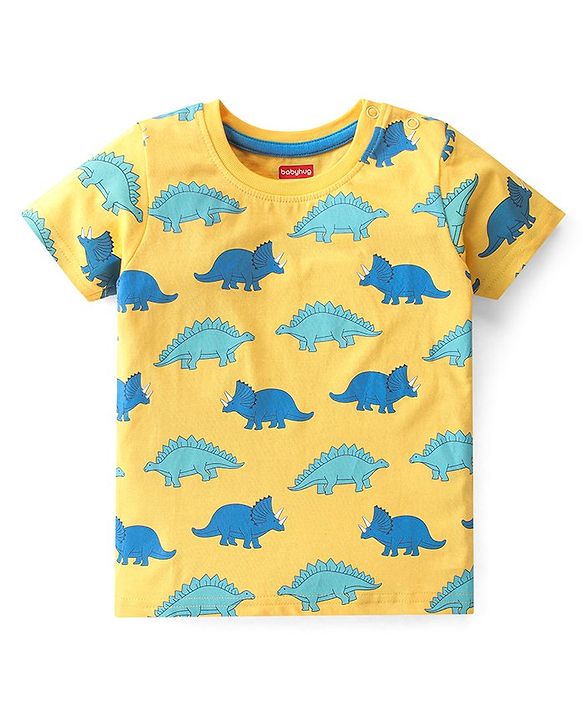 Babyhug Cotton Knit Half Sleeves Dino Printed T-Shirt & Shorts Set - Yellow & Blue