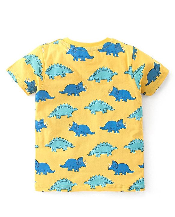 Babyhug Cotton Knit Half Sleeves Dino Printed T-Shirt & Shorts Set - Yellow & Blue