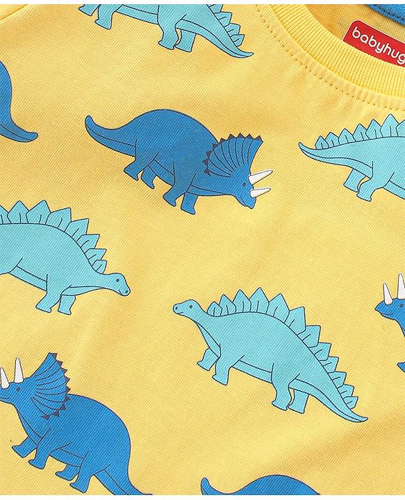 Babyhug Cotton Knit Half Sleeves Dino Printed T-Shirt & Shorts Set - Yellow & Blue