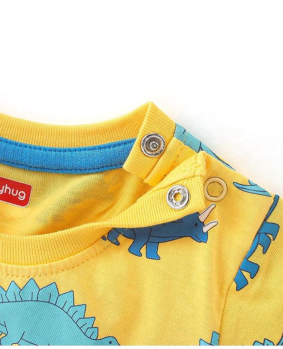 Babyhug Cotton Knit Half Sleeves Dino Printed T-Shirt & Shorts Set - Yellow & Blue