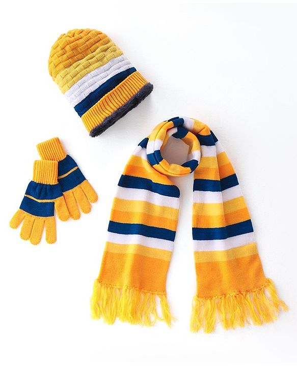 Pine Kids Knitted Woollen Cap Gloves & Muffler Set with Striped & Cable Knit Design Yellow - Diameter 12.5 cm