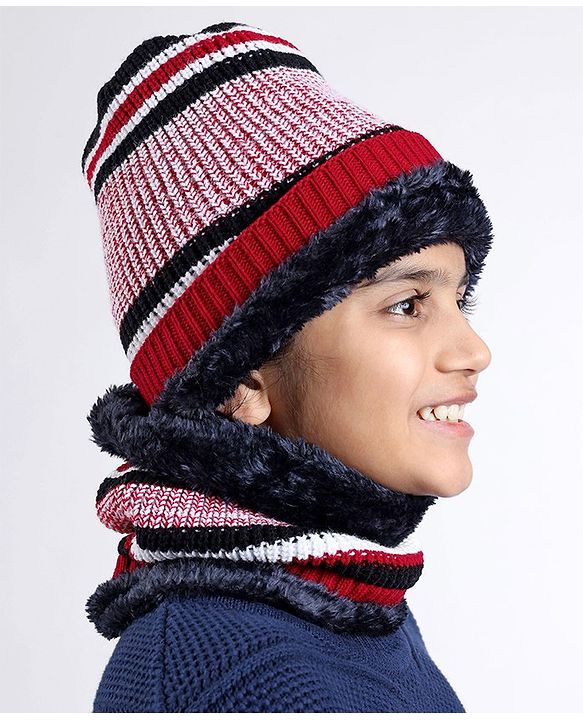 Pine Kids Knitted Woollen Cap Gloves & Snood Set with Striped & Cable Knit Design Blue - Diameter 11 cm