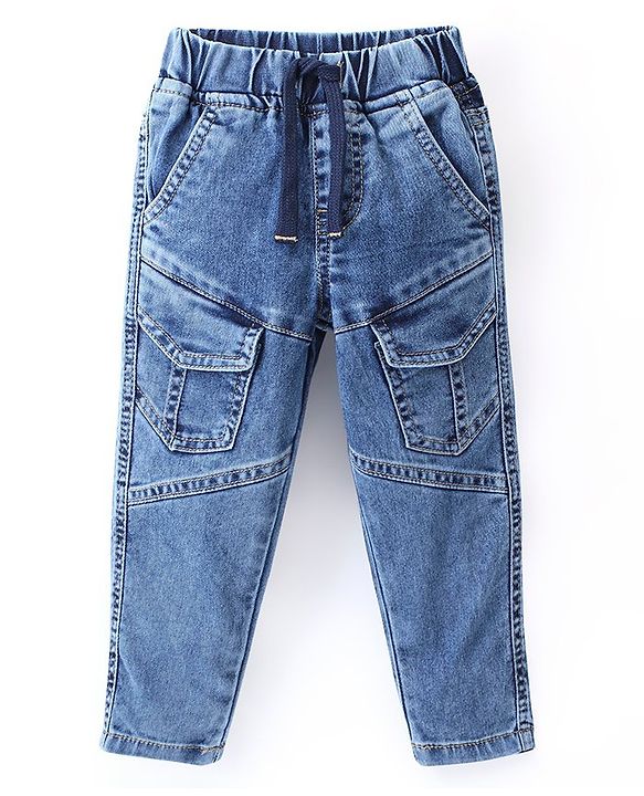 Babyhug Cotton Spandex Full Length Elasticated Denim Joggers with Draw Cord - Blue