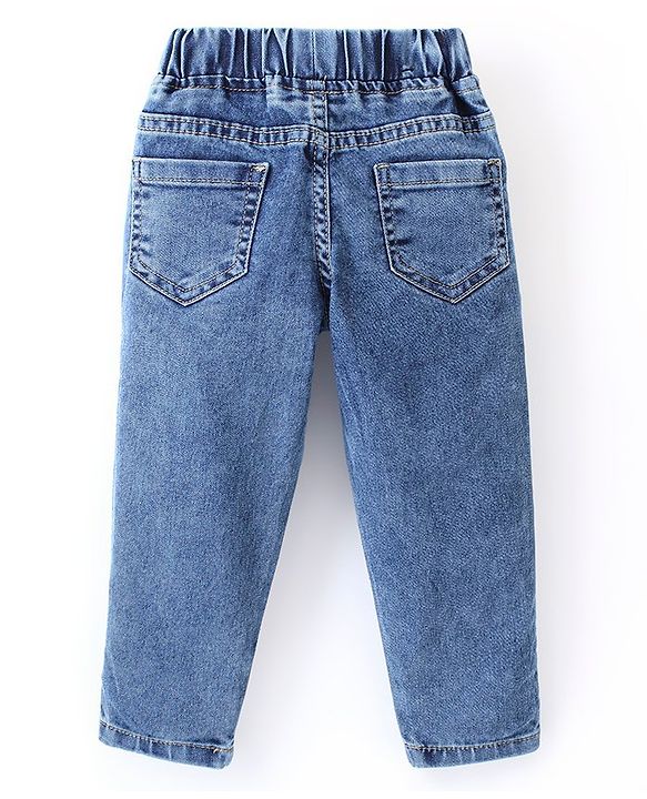 Babyhug Cotton Spandex Full Length Elasticated Denim Joggers with Draw Cord - Blue