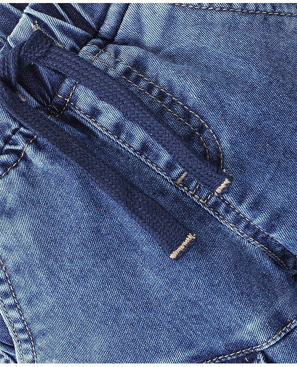Babyhug Cotton Spandex Full Length Elasticated Denim Joggers with Draw Cord - Blue
