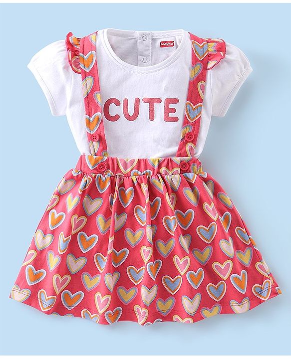 Babyhug 100% Cotton Knit Half Sleeves Top & Skirt With Heart & Text Print - White & Pink