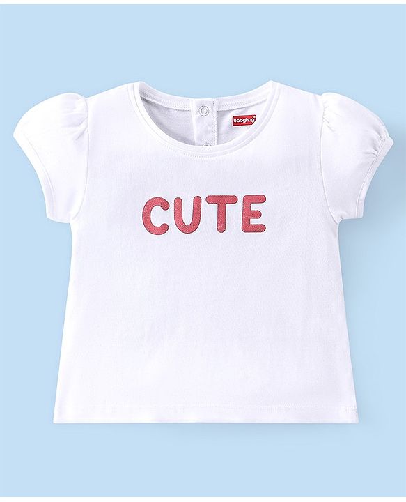 Babyhug 100% Cotton Knit Half Sleeves Top & Skirt With Heart & Text Print - White & Pink