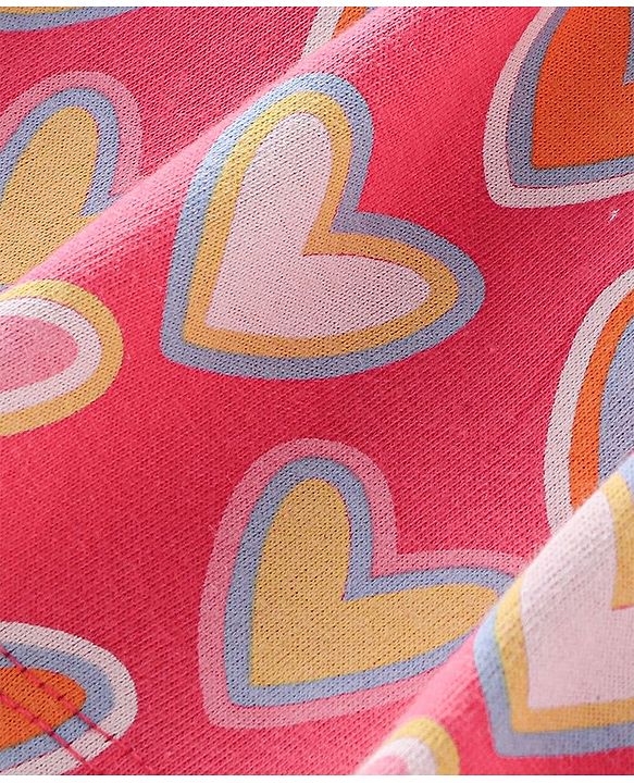 Babyhug 100% Cotton Knit Half Sleeves Top & Skirt With Heart & Text Print - White & Pink