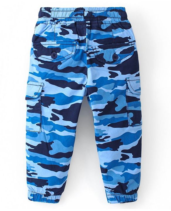 Babyhug Full Length Cotton Spandex Elasticated Trouser with Draw Cord Camouflage Print - Blue