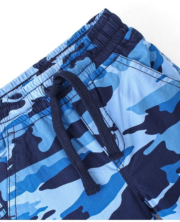 Babyhug Full Length Cotton Spandex Elasticated Trouser with Draw Cord Camouflage Print - Blue