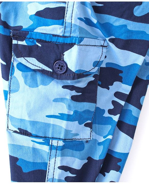 Babyhug Full Length Cotton Spandex Elasticated Trouser with Draw Cord Camouflage Print - Blue