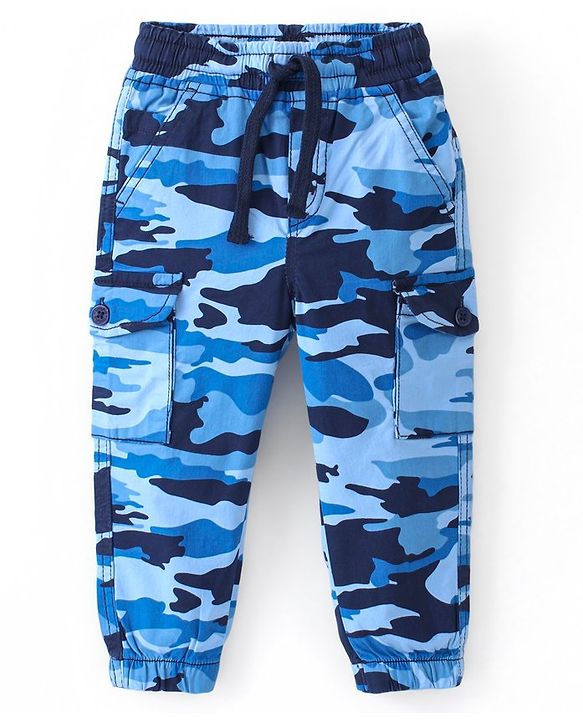 Babyhug Full Length Cotton Spandex Elasticated Trouser with Draw Cord Camouflage Print - Blue