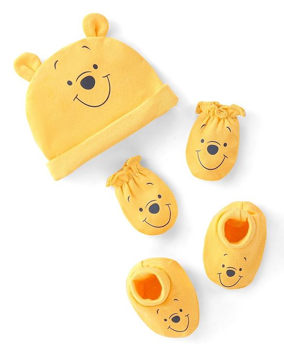 Babyhug 100% Cotton Knit Ear Applique Cap Mittens & Booties - Yellow