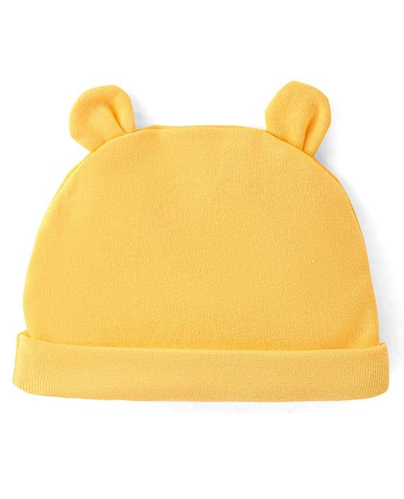 Babyhug 100% Cotton Knit Ear Applique Cap Mittens & Booties - Yellow