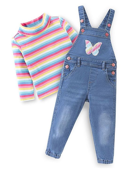 Babyhug 100% Cotton Knit Dungrees & Full Sleeves Top Stripes & Butterfly Applique - Yellow Pink & Blue