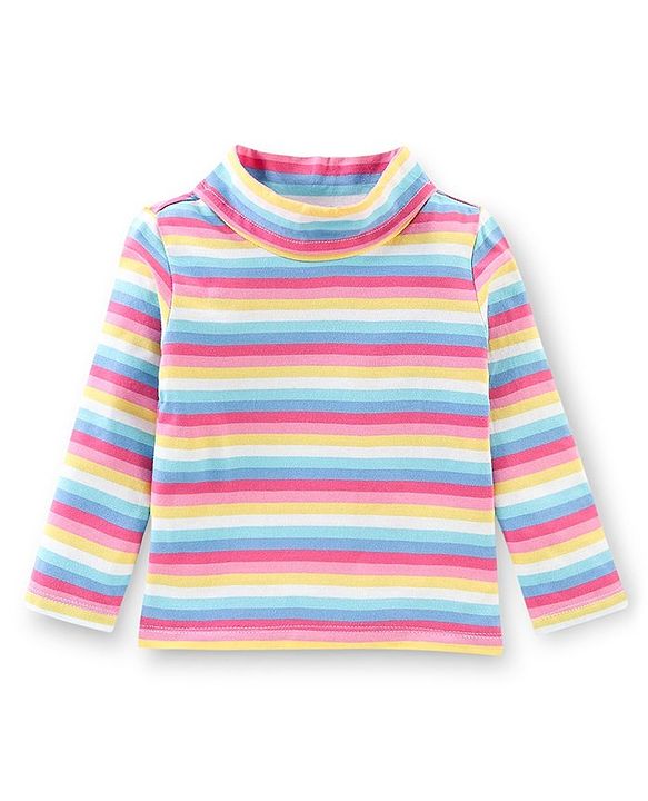 Babyhug 100% Cotton Knit Dungrees & Full Sleeves Top Stripes & Butterfly Applique - Yellow Pink & Blue