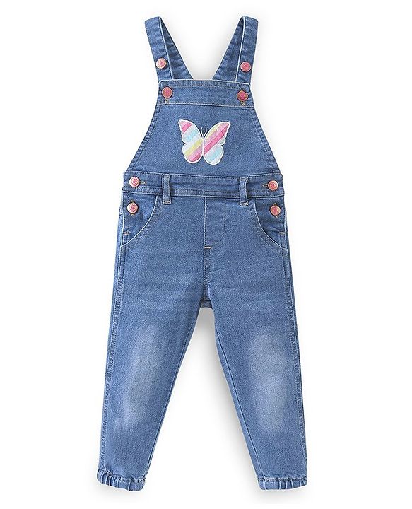 Babyhug 100% Cotton Knit Dungrees & Full Sleeves Top Stripes & Butterfly Applique - Yellow Pink & Blue