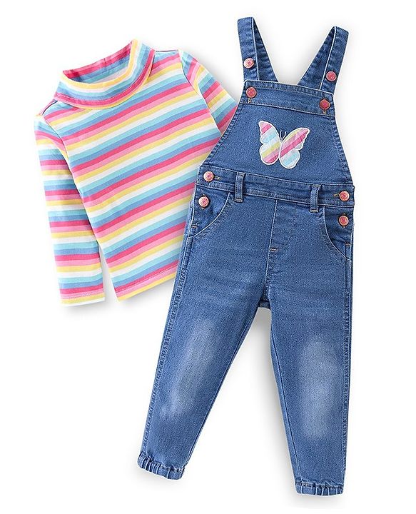 Babyhug 100% Cotton Knit Dungrees & Full Sleeves Top Stripes & Butterfly Applique - Yellow Pink & Blue