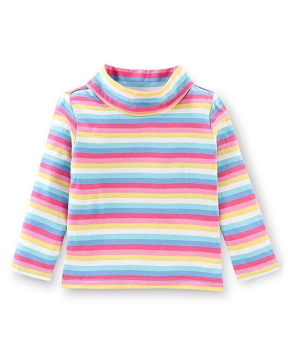 Babyhug 100% Cotton Knit Dungrees & Full Sleeves Top Stripes & Butterfly Applique - Yellow Pink & Blue