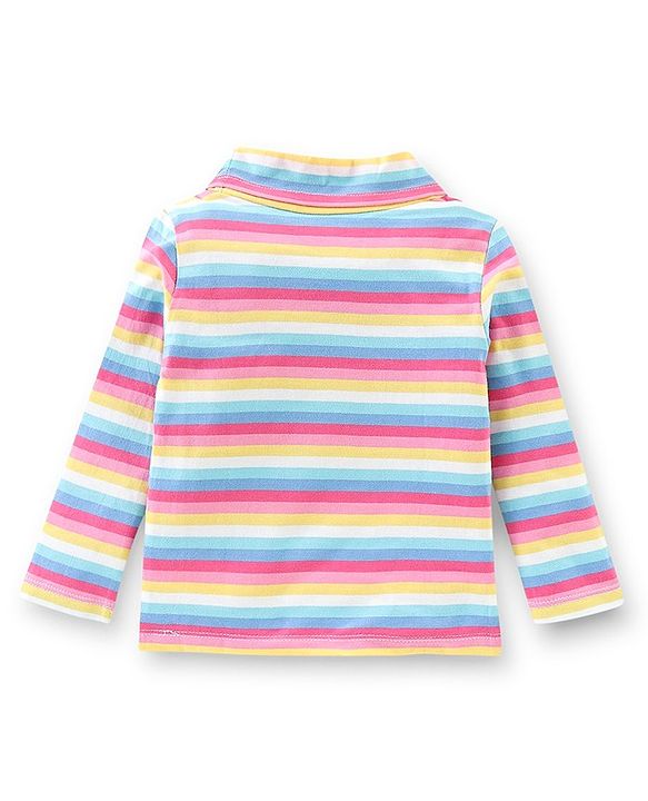 Babyhug 100% Cotton Knit Dungrees & Full Sleeves Top Stripes & Butterfly Applique - Yellow Pink & Blue