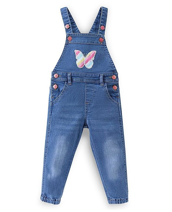 Babyhug 100% Cotton Knit Dungrees & Full Sleeves Top Stripes & Butterfly Applique - Yellow Pink & Blue