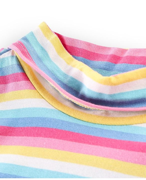 Babyhug 100% Cotton Knit Dungrees & Full Sleeves Top Stripes & Butterfly Applique - Yellow Pink & Blue