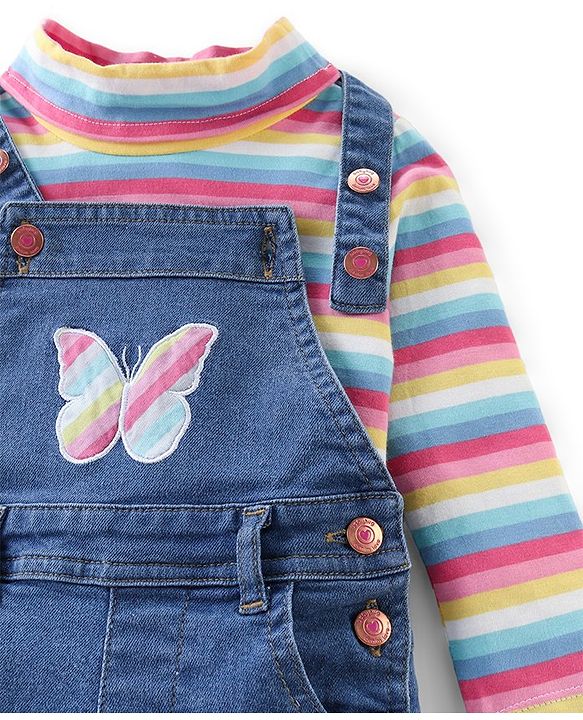 Babyhug 100% Cotton Knit Dungrees & Full Sleeves Top Stripes & Butterfly Applique - Yellow Pink & Blue