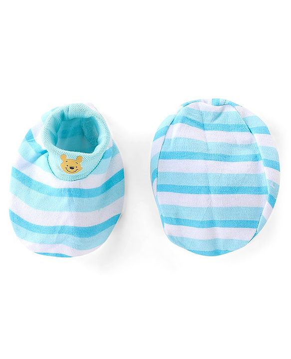 Babyhug 100% Cotton Knit Cap Mittens & Booties Set with Stripes  - Blue