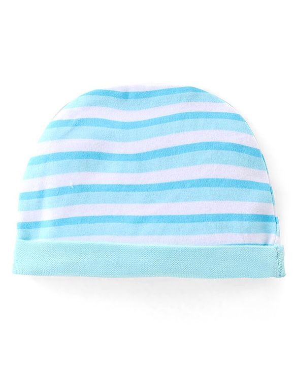 Babyhug 100% Cotton Knit Cap Mittens & Booties Set with Stripes  - Blue