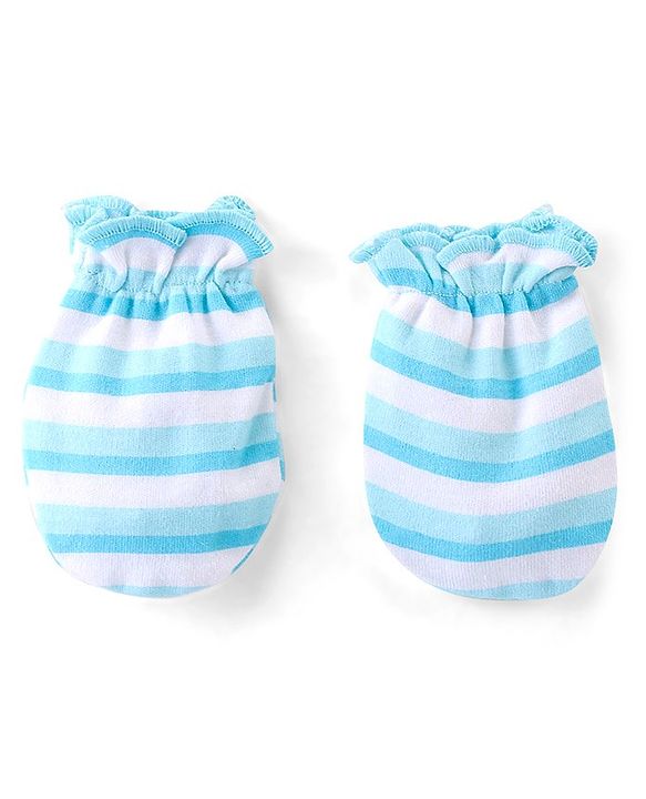Babyhug 100% Cotton Knit Cap Mittens & Booties Set with Stripes  - Blue