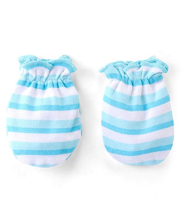 Babyhug 100% Cotton Knit Cap Mittens & Booties Set with Stripes  - Blue