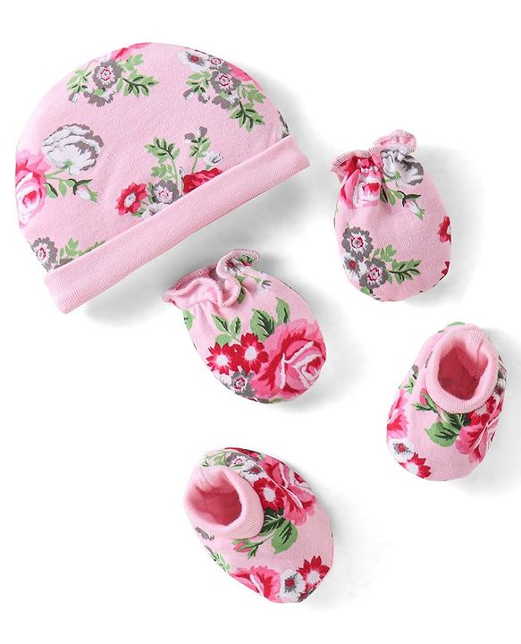 Babyhug 100% Cotton Knit Cap Mittens & Booties Set Floral Print - Pink
