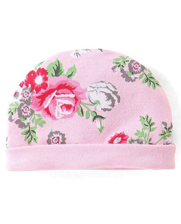 Babyhug 100% Cotton Knit Cap Mittens & Booties Set Floral Print - Pink