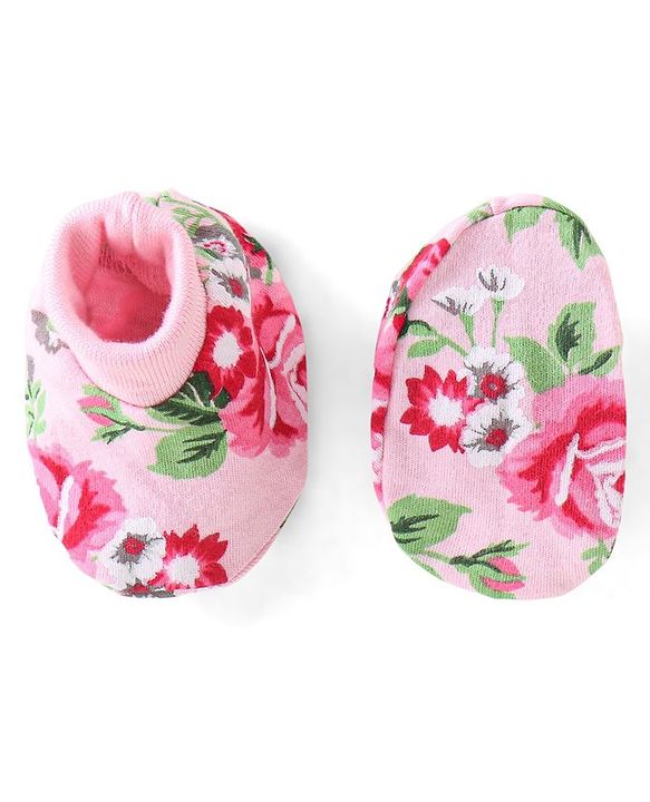Babyhug 100% Cotton Knit Cap Mittens & Booties Set Floral Print - Pink