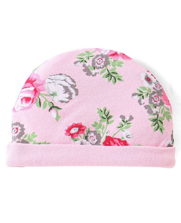 Babyhug 100% Cotton Knit Cap Mittens & Booties Set Floral Print - Pink