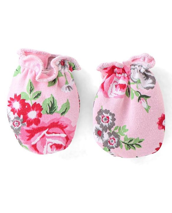 Babyhug 100% Cotton Knit Cap Mittens & Booties Set Floral Print - Pink