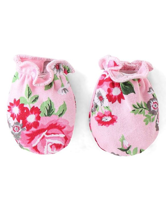 Babyhug 100% Cotton Knit Cap Mittens & Booties Set Floral Print - Pink
