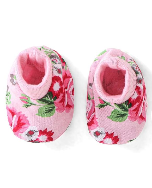 Babyhug 100% Cotton Knit Cap Mittens & Booties Set Floral Print - Pink