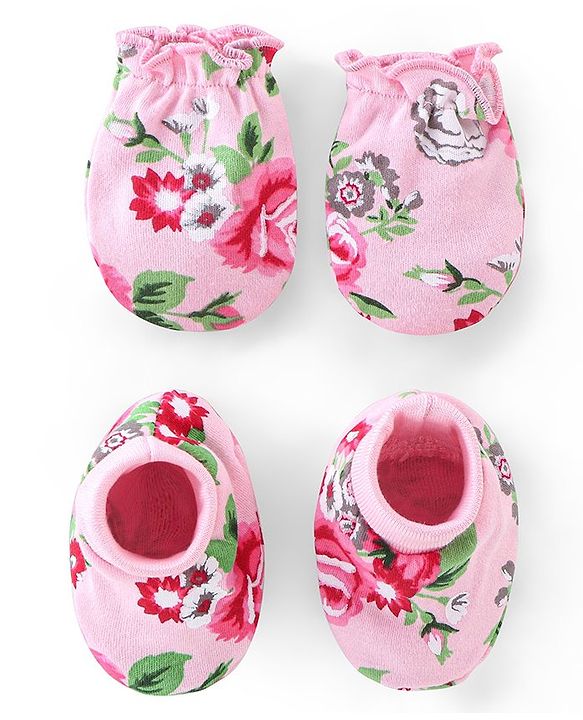 Babyhug 100% Cotton Interlock Knit Mittens And Booties Floral Print - Pink