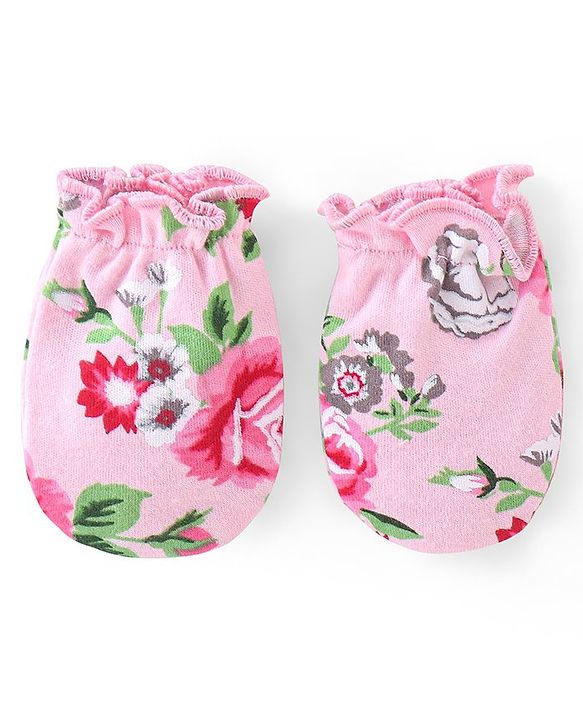Babyhug 100% Cotton Interlock Knit Mittens And Booties Floral Print - Pink