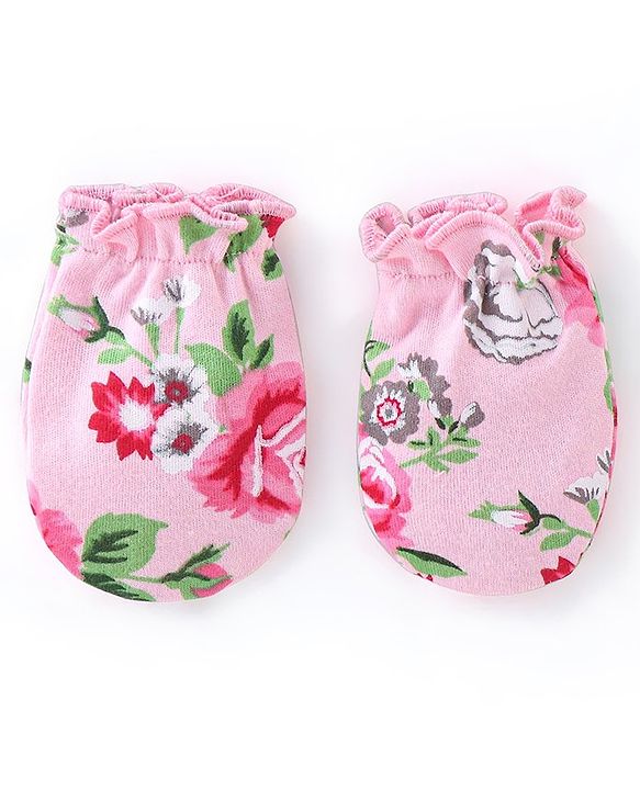 Babyhug 100% Cotton Interlock Knit Mittens And Booties Floral Print - Pink