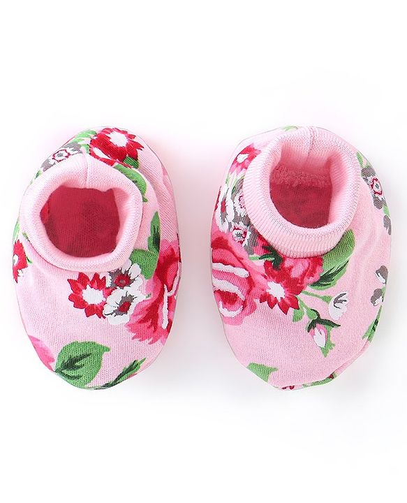 Babyhug 100% Cotton Interlock Knit Mittens And Booties Floral Print - Pink