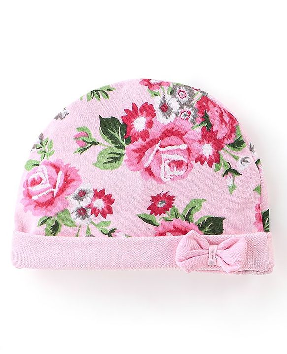 Babyhug 100% Cotton Knit Floral Print Cap with Bow Applique - Pink