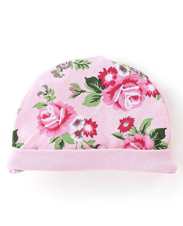 Babyhug 100% Cotton Knit Floral Print Cap with Bow Applique - Pink
