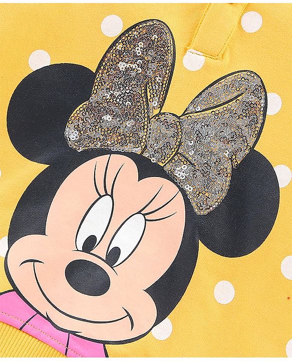 Babyhug 100% Cotton Knit Full Sleeves Minnie Mouse Graphic with Sequins Detailing Hooded Sweatshirt - Yellow